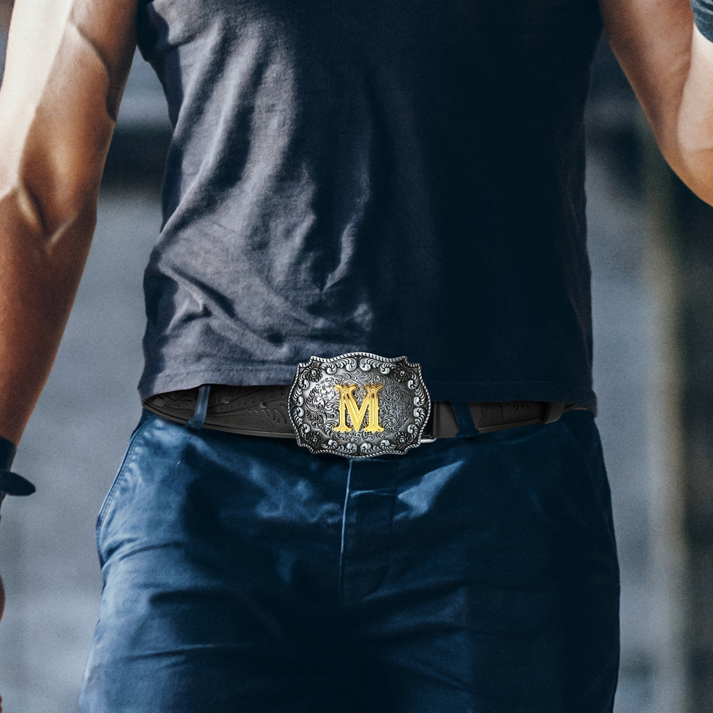 Mens Western Cowboy Cowgirl Embossed Floral Faux Leather Belt - Longhorn Bull Pattern Letter Big Buckle Belt - Stylish, Durable, Belts For Men