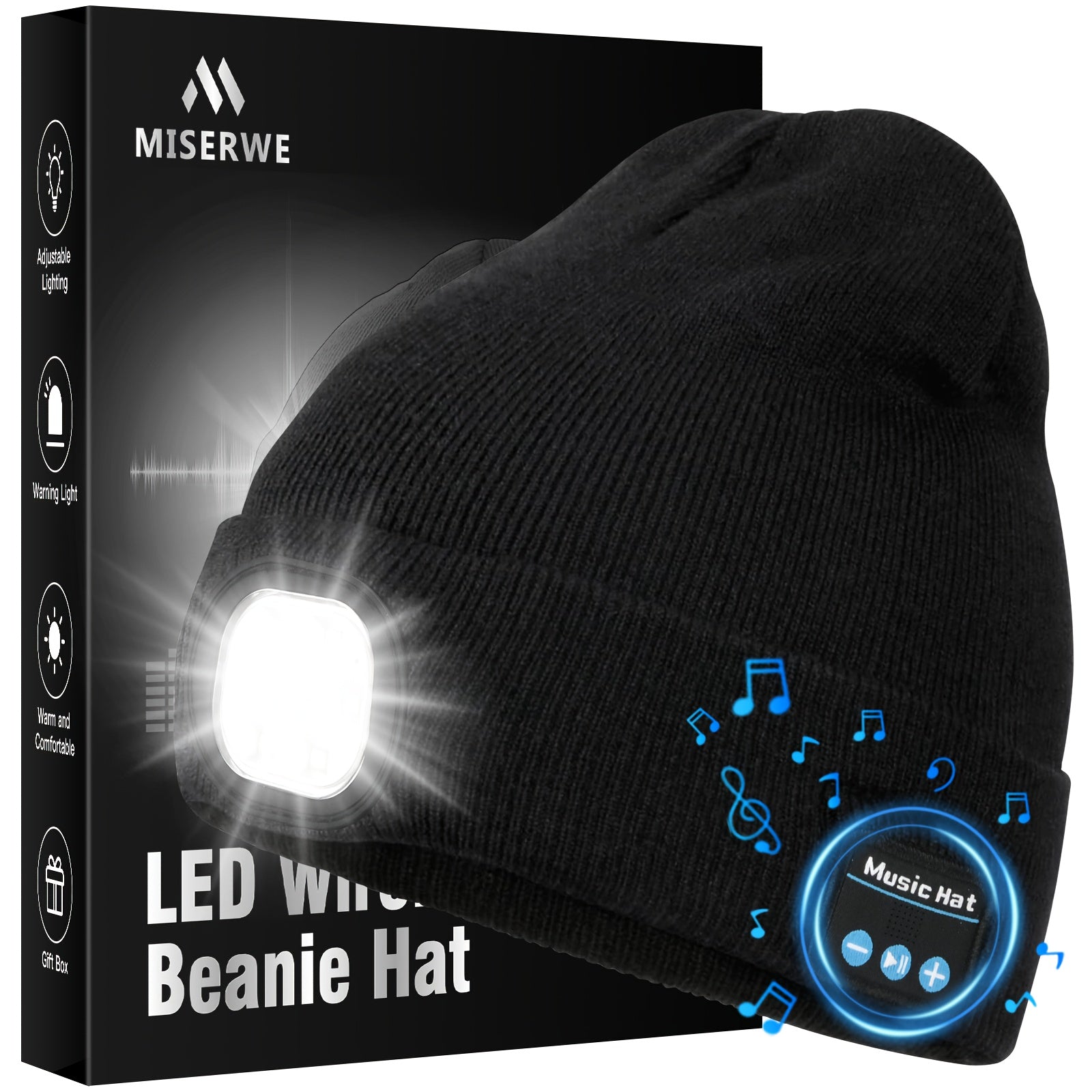 NIUPHIA LED Bean Hats with Lights, Knitted Hats, LED Light Illumination, Music Hats with Headphones, Warm Hats, Suitable for Outdoor Night Running And Night Fishing, Christmas Light Hats, Unique Christmas Birthday Gifts, Black for Men And Women