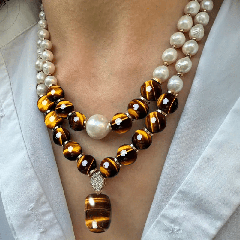 Pendant Necklace - Tiger Eye Stone Set 2 Pieces Natural Tiger Eye & Freshwater Pearl Vintage - product detail view 6