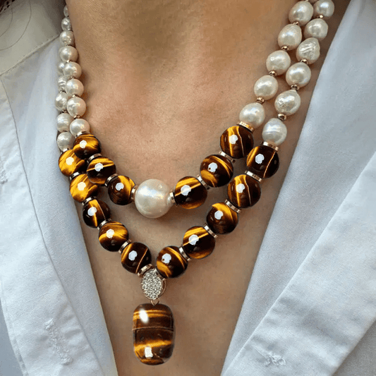 2pcs elegant and fashionable set necklace, natural tiger eye stone with freshwater Freshwater Pearls pendant necklace, best gift, Valentine's Day gift, suitable for daily life and party