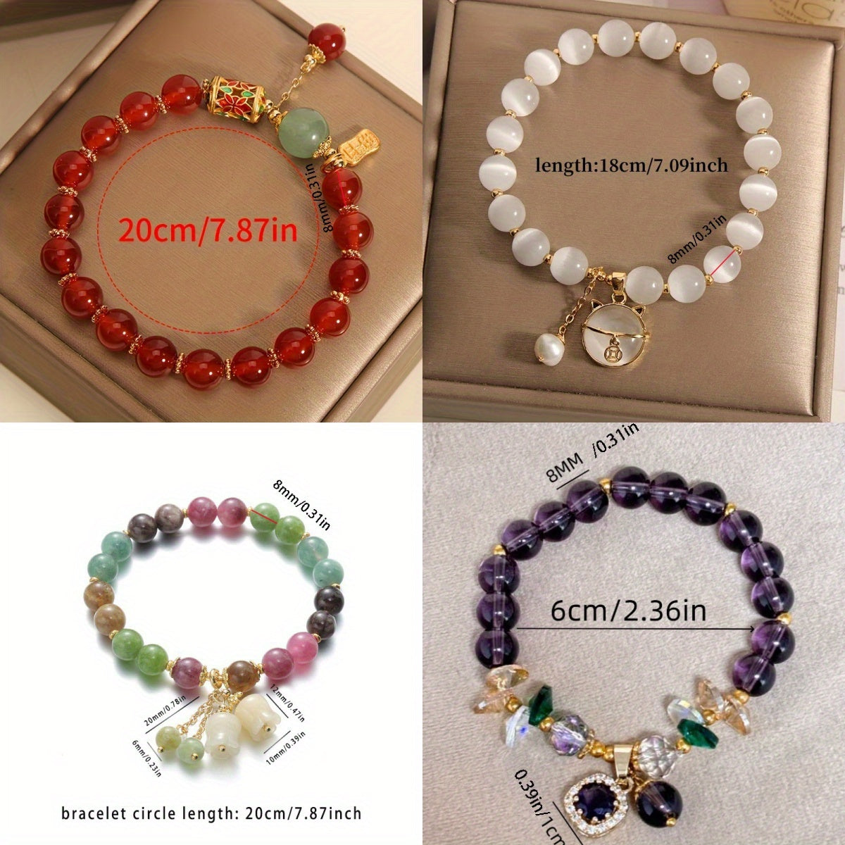 Amethyst Bead Bracelet Set 4 Pieces – Natural Stone Boho Bracelets with CZ Cat Pendant, Lucky Crystal Jewelry Gift for Women Men Couple & Best Friend