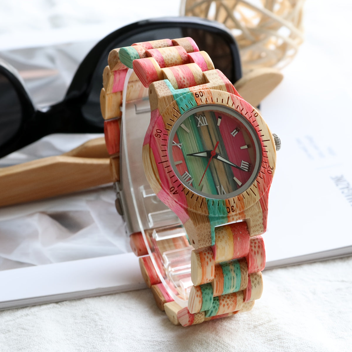 Bamboo Wood Women's Quartz Watch — Multicolor Natural Wooden Bracelet Wristwatch, Eco-Friendly Casual Style, Unique Gift for Women & Ladies