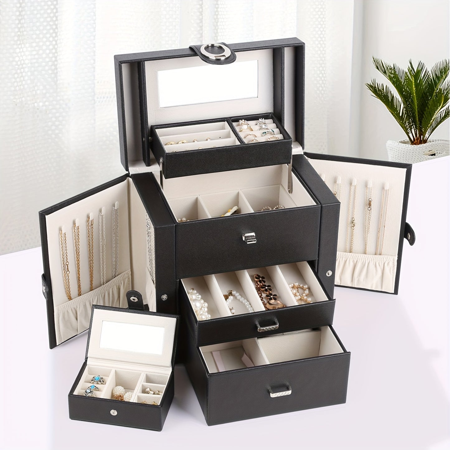Jewelry Box Faux Leather with Mirror & 2 Drawers – Portable Travel Jewelry Organizer for Necklaces, Rings & Earrings, Women’s Storage Case Black