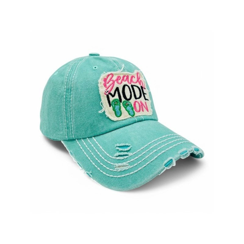 Beach Mode On Vintage Distressed Embroidered Baseball Cap For Women - 100% Cotton, Breathable, Casual, Adjustable, UV Protection