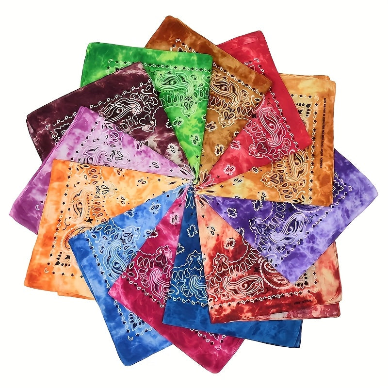 [Tie-Dye Headbands] 12pcs Tie-Dye Paisley Headbands - Vibrant Hip-Hop and Punk Style Headbands, Unisex Blend Scarves, Retro Fashion Accessories, Assorted Colors, Headscarves | Bright Colors | Decorative Stitching