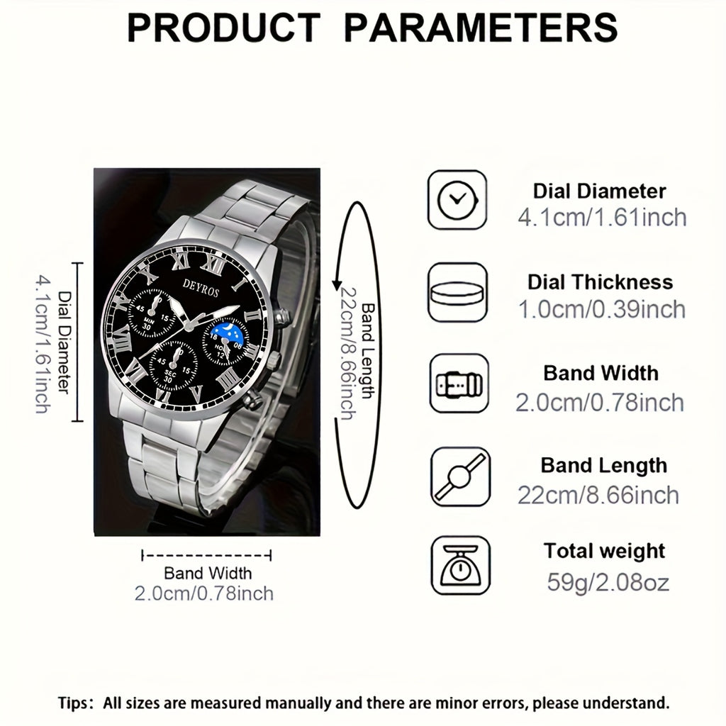 Set of 3 Men'S Stainless Steel Timepieces - Business Chronograph Quartz Watch with Coordinating Necklace And Bracelet, Analog World Time Function, Perfect for Professional And Formal Events, Great Gift Idea