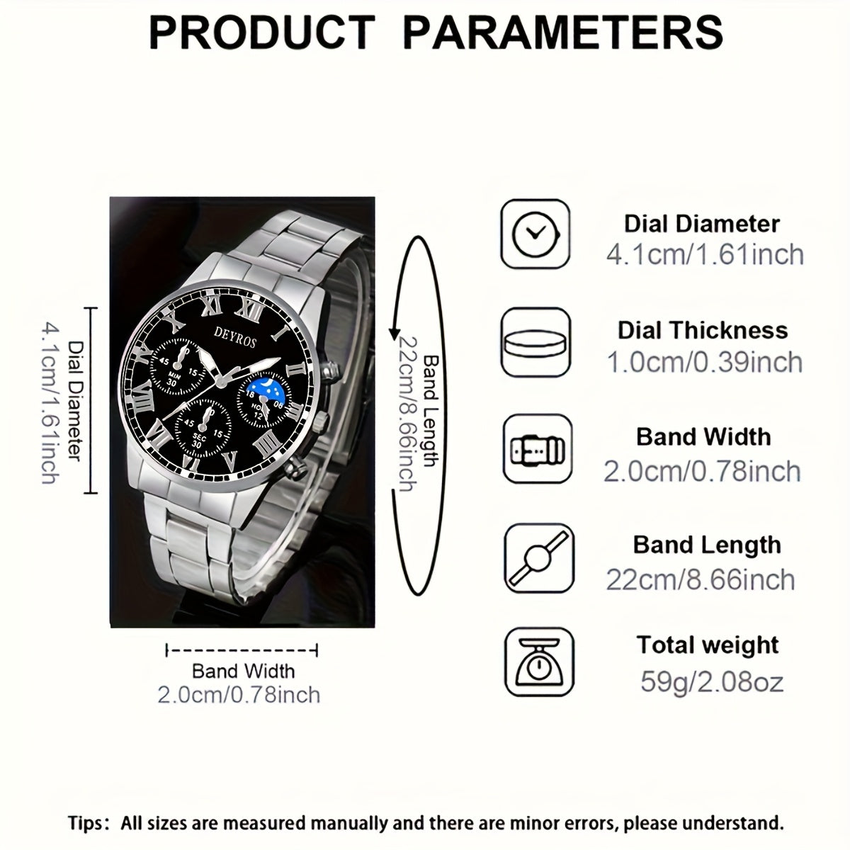 Stainless Steel Watch Set for Men 3pcs Business Chronograph Quartz Watch Necklace Bracelet World Time Analog Gift Set Professional Formal