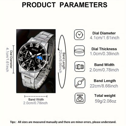 Stainless Steel Watch Set for Men 3pcs Business Chronograph Quartz Watch Necklace Bracelet World Time Analog Gift Set Professional Formal