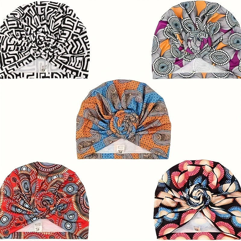 5pcs Women' African Turban Headwraps Suitable for Bohemian Knot Headbands, Pre-Knotted Beanie Hair Covers with Multicolor Knots, Daily Wear & Special Occasions, Cultural Hair for Parties, Weddings,