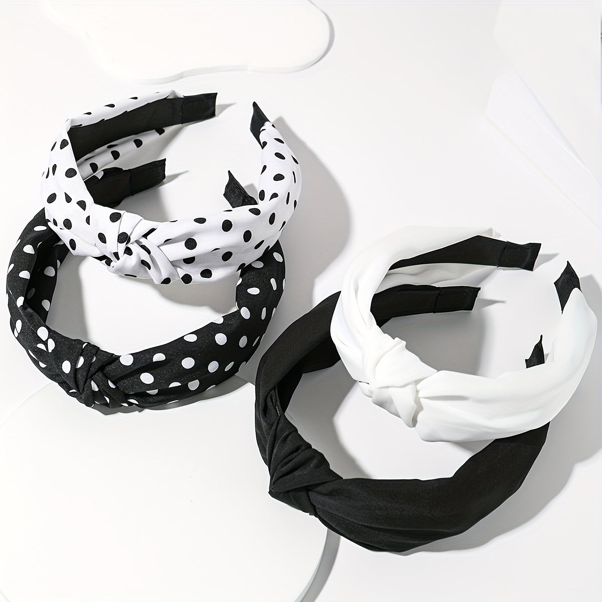Knotted Headbands for Women 4 Pack – Wide Brimmed Polka Dot Hair Bands, Black & White Retro Minimalist Bow Knot Head Wrap, Stylish Cute Hair Accessories for Daily Wear & Casual Outfits