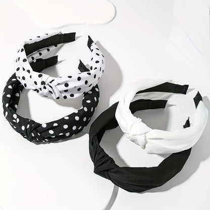 Knotted Headbands for Women 4 Pack – Wide Brimmed Polka Dot Hair Bands, Black & White Retro Minimalist Bow Knot Head Wrap, Stylish Cute Hair Accessories for Daily Wear & Casual Outfits