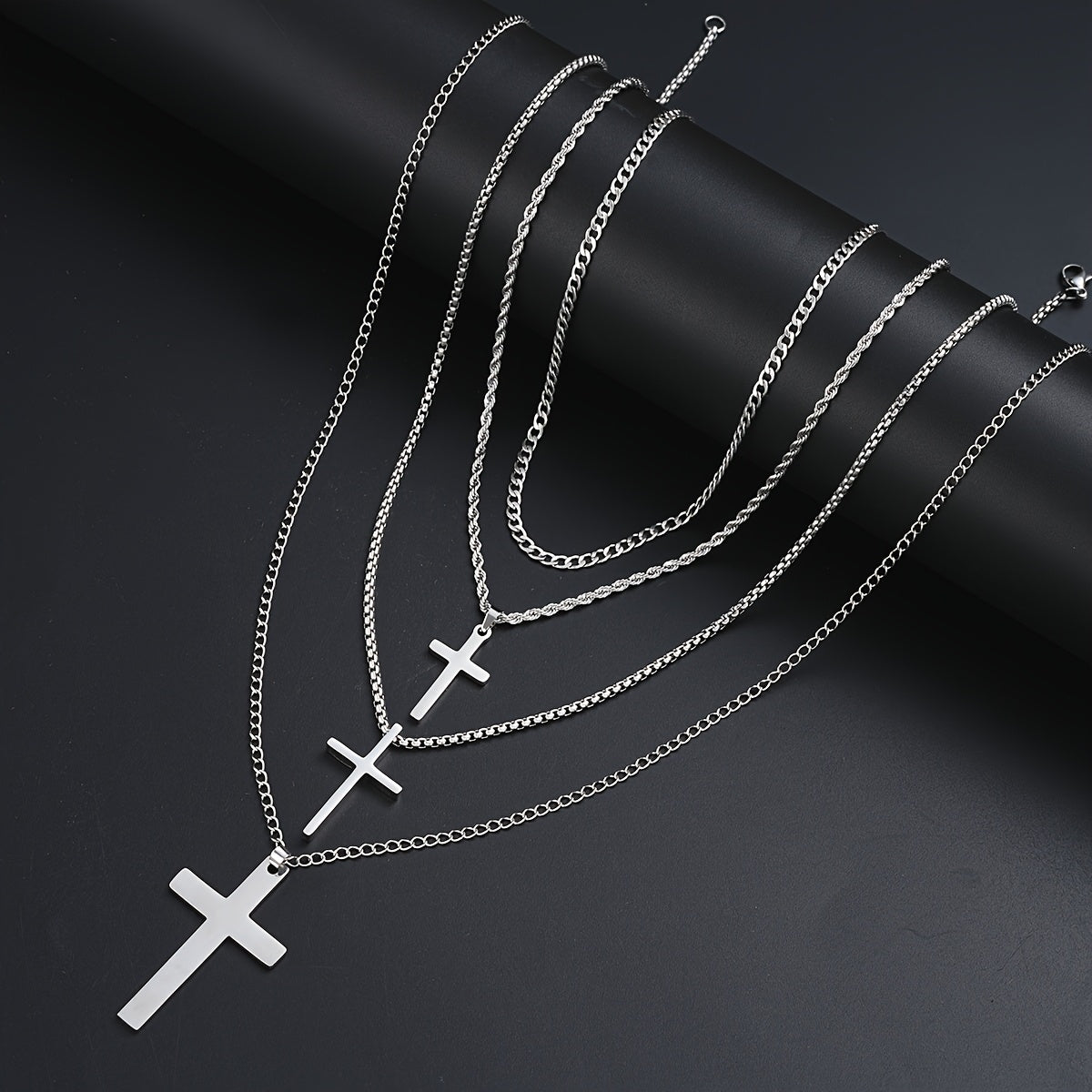 Cuban Link Chain Necklace Set 4pcs for Men - Stainless Steel Cross Pendant Twisted Chain, Hip Hop Streetwear Style, Casual Vacation Date Party Accessory, Silver Tone Gift