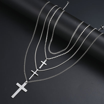 Cuban Link Chain Necklace Set 4pcs for Men - Stainless Steel Cross Pendant Twisted Chain, Hip Hop Streetwear Style, Casual Vacation Date Party Accessory, Silver Tone Gift
