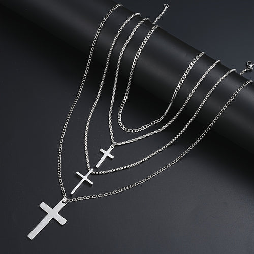 Cuban Link Chain Necklace Set 4pcs for Men - Stainless Steel Cross Pendant Twisted Chain, Hip Hop Streetwear Style, Casual Vacation Date Party Accessory, Silver Tone Gift