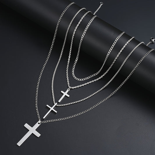 Cuban Link Chain Necklace Set 4pcs for Men - Stainless Steel Cross Pendant Twisted Chain, Hip Hop Streetwear Style, Casual Vacation Date Party Accessory, Silver Tone Gift