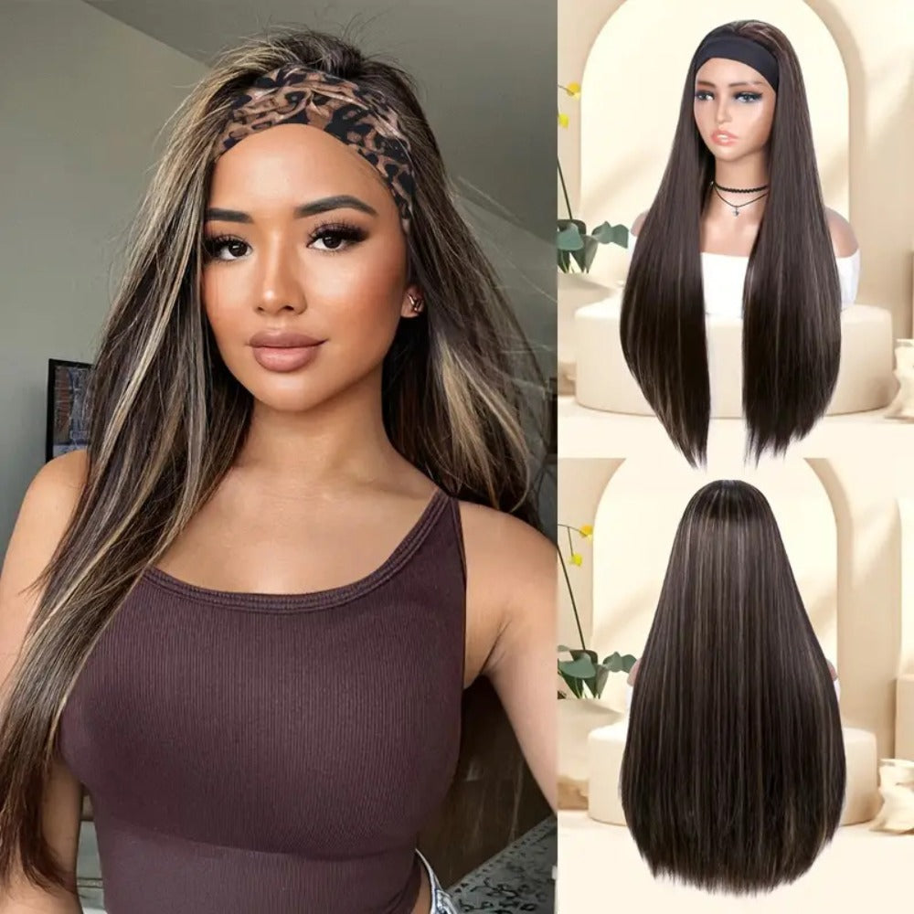 A 26-Inch Wig with Headband, Long Straight Headband, Integrated Natural Fashion Brown Golden Mixed Color Women'S Headband, Suitable for Daily Role-Playing, Halloween, Holiday Parties, Stage Performances, And Fashion Events