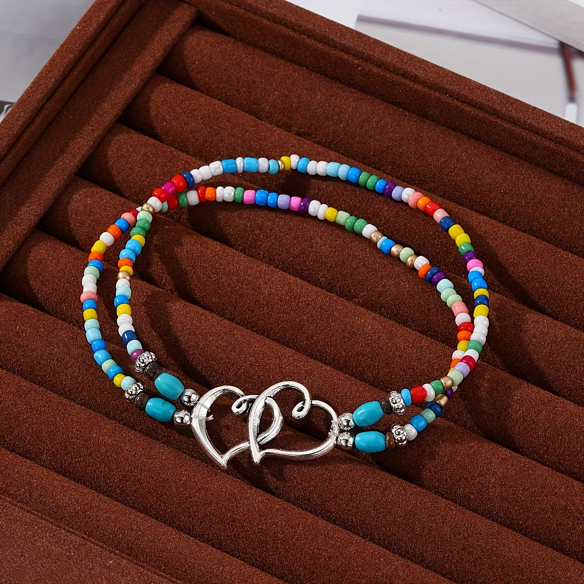 Set of 4pcs Shimmering Multicolor Beaded Anklet And Bracelet Jewelry - Adorable Hollow Double Heart Design Featuring Tiny Seed Beads, Adjustable Elastic Boho Chic Anklets Or Bracelets, Perfect for Women, Party Gifts, Holiday Presents for Her