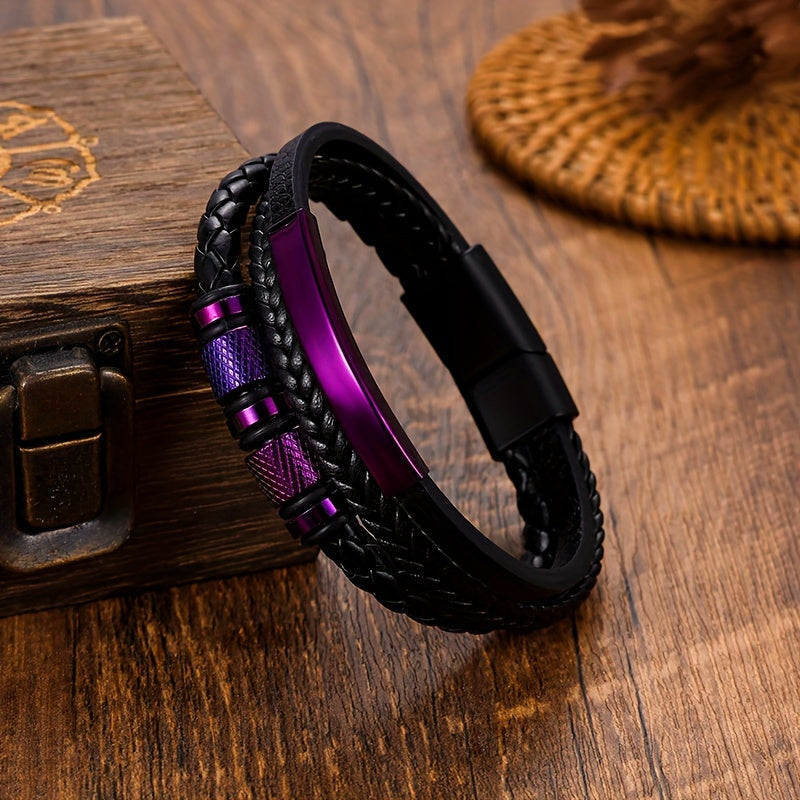 1 Purple Accessory, Leather Bracelet, Men's Woven Bracelet, Unisex Leather Bracelet.  PU Leather Magnetic Buckle Men's Party Strap - Fashionable Accessory, Durable Material, Easy to Wear Design Suitable for Casual Occasions