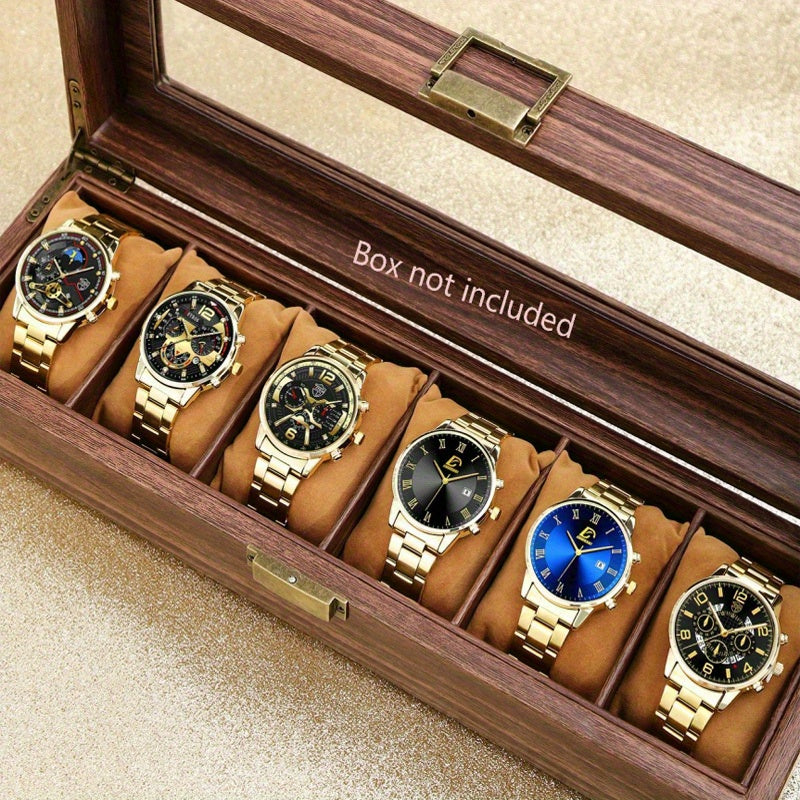 Men's Watch Set 6pcs Luxury Business Quartz Wristwatch – Golden Stainless Steel Date Display Fashion Casual Sports Watch Gift Box for Men