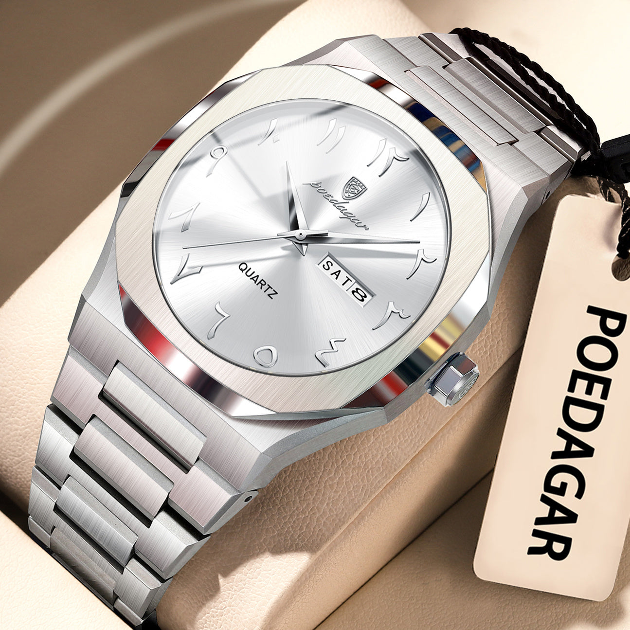POEDAGAR Men's Automatic Week & Date Display Watch - Minimalist Casual Quartz Wristwatch with Stainless Steel Band, 3ATM Case, Battery-Powered Analog Timepiece for Casual Attire, Durable & Affordable for Daily Use Suitable for Men and
