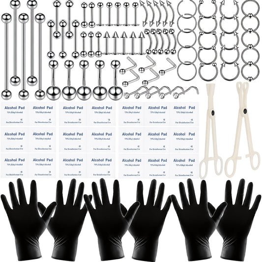 [120pcs Piercing Kit] Local Warehouse 120pcs Professional Body Piercing Kit - Stainless Steel 14G 16G Jewelry - Belly Nose Lip Septum Rings - Tool Set