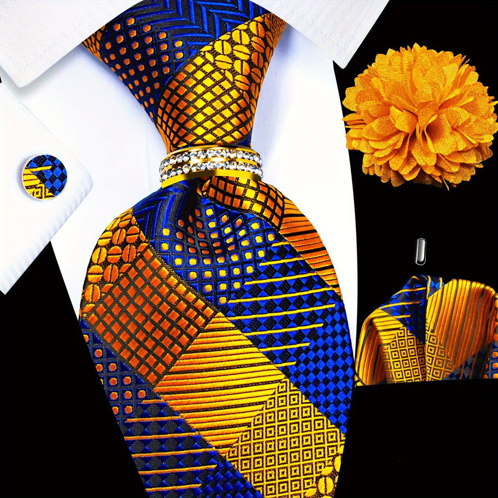 5pcs Set Men's Luxury Wedding & Business Accessory Kit - 2400-Thread Count Necktie, Pocket Square, Cufflinks, Lapel Pin & Tie Ring Set for Groom, Prom, Parties - Elegant Gift for Professional or Special Occasions (Complete Matching Set)