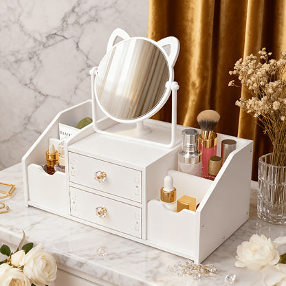 Jewelry Box with Cat Ear Mirror Large Dressing Table Organizer for Bedroom Home Storage Cute Aesthetic Jewelry Organizer Birthday Christmas Gift for Her