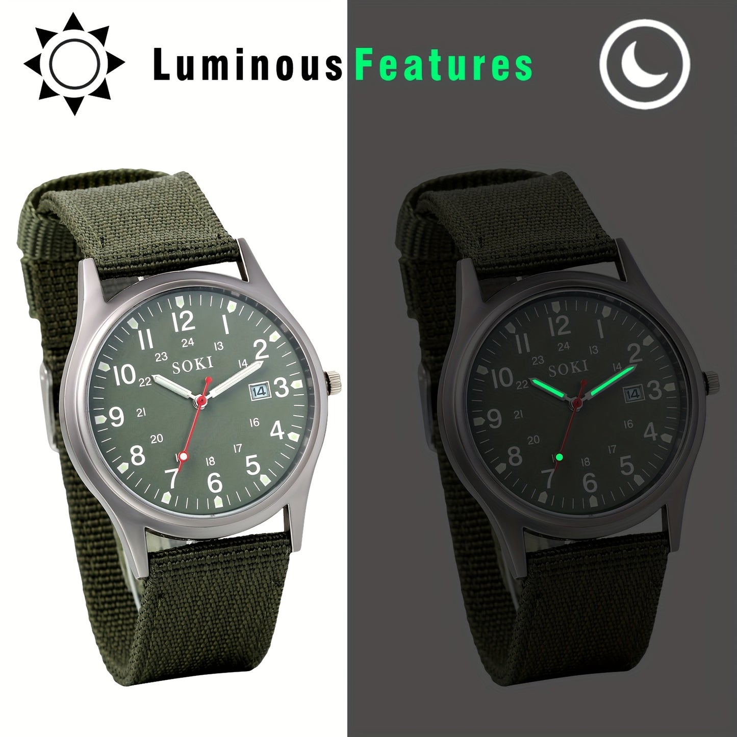 Men's Outdoor Sport Quartz Watch – Nylon Strap, Luminous Dial, 24H Scale & Date Calendar, Military Style Wristwatch for Casual, Business & Sports