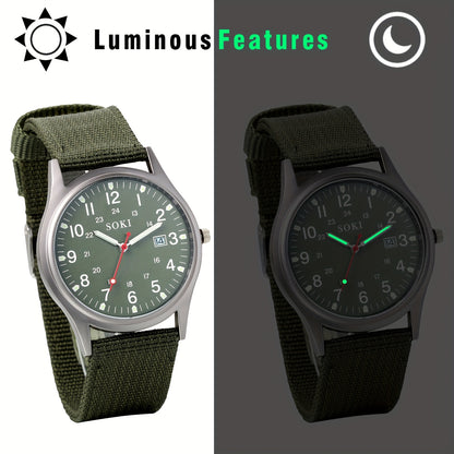 Men's Outdoor Sport Quartz Watch – Nylon Strap, Luminous Dial, 24H Scale & Date Calendar, Military Style Wristwatch for Casual, Business & Sports