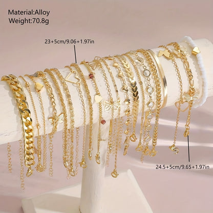 Anklet Set 20 Pieces for Women - Boho Butterfly, Heart & Rhinestone Layered Ankle Bracelets for Beach, Vacation, Wedding & Everyday Wear, Summer Jewelry Gift