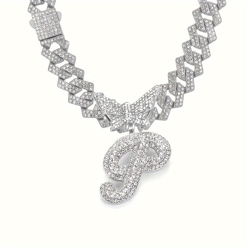 Cuban Link Chain Necklace - Initial Letter for Men Women - with Butterfly Alphabet Pendant A-Z, Gold & - product detail view