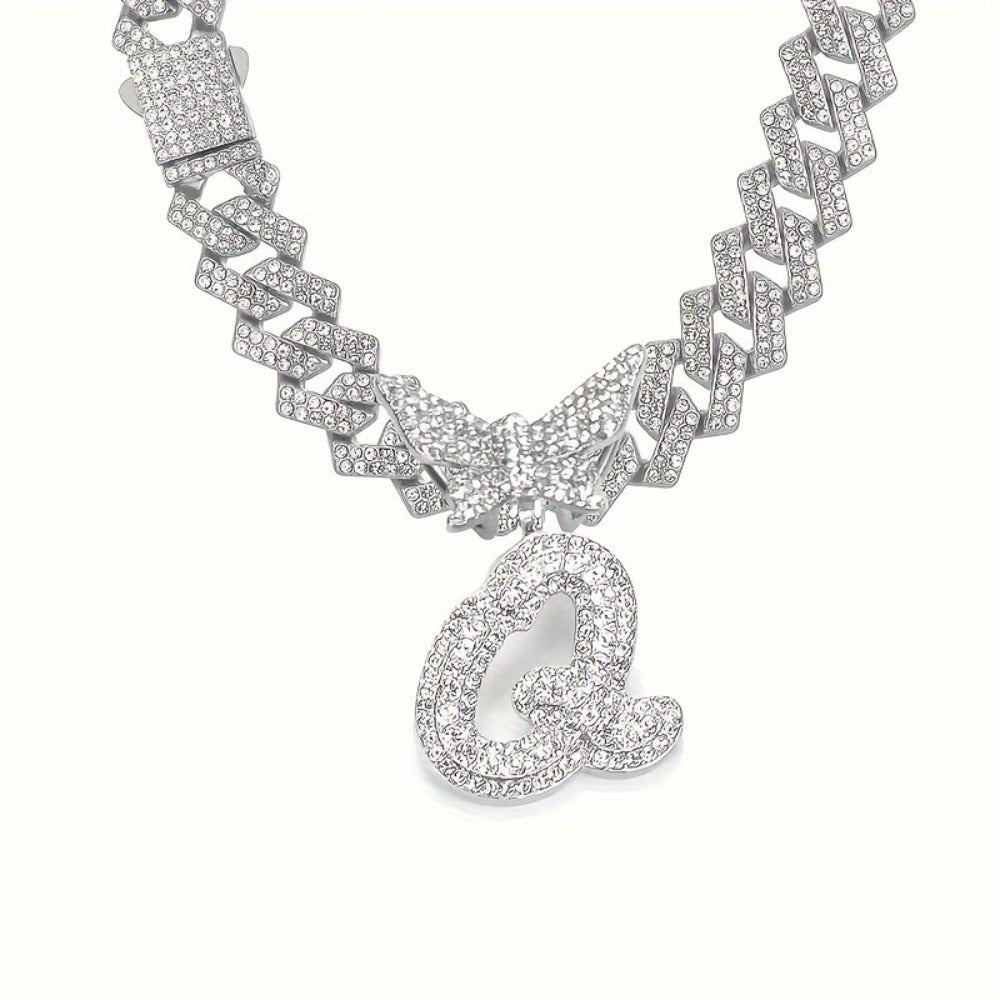 Cuban Link Chain Necklace - Initial Letter for Men Women - with Butterfly Alphabet Pendant A-Z, Gold & - product detail view