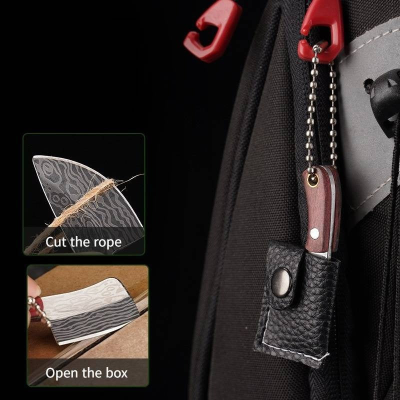 10pcs Random Premium Mini Knife Keychain Set (5 Knives And 5 Knife Sets), Damascus Pattern Pendant Blade, with Leather Cover, Stainless Steel, Non-Foldable, Straight Back, Flat Blade, Lightweight, Luxury Portable EDC Pocket Tool