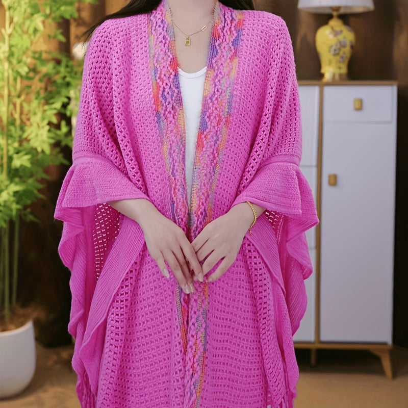New Shawl for Women with Hollowed Out Color Stripes And Ruffle Edges, Paired with A Sweater for Travel Photography, Ethnic Style Cloak, Seasonal Universal Air-conditioned Room Scarf