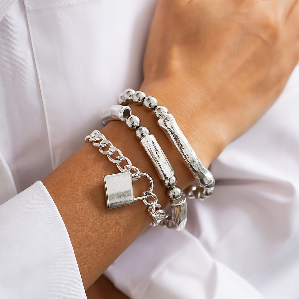 3pcs 925 Silver Exquisite Silvery Beaded Punk Bracelet Set with Lock Pendant
