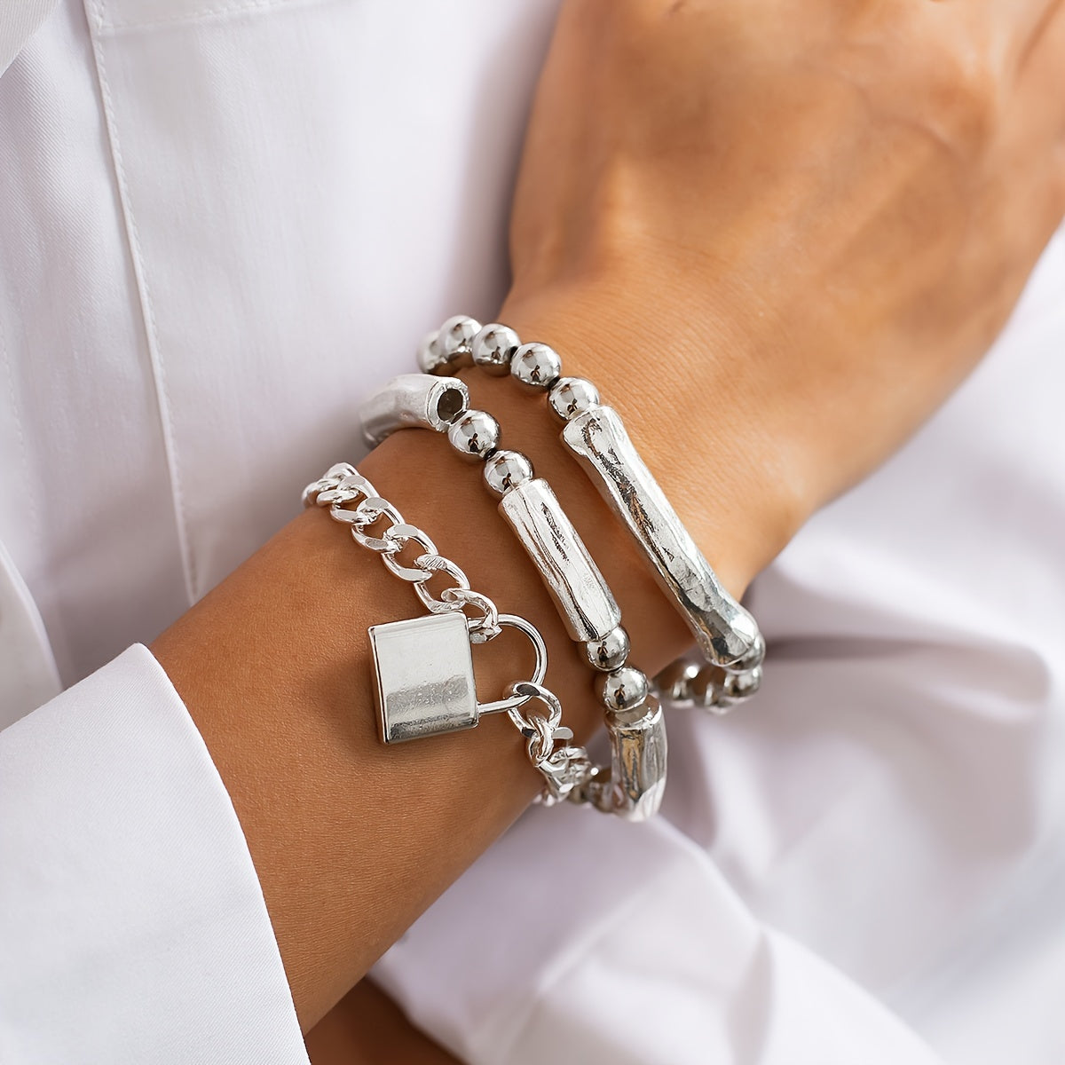 3pcs 925 Silver Exquisite Silvery Beaded Punk Bracelet Set with Lock Pendant