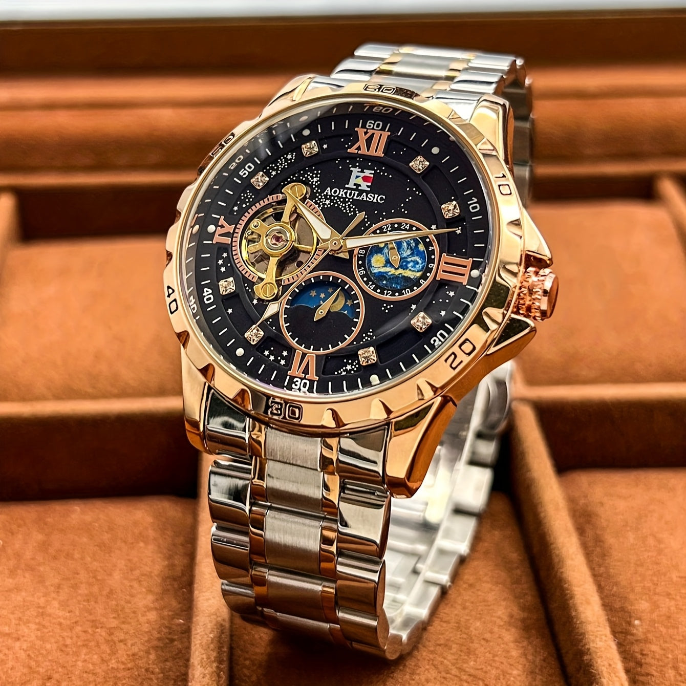 Top Brand Men Fashion Tourbillon Skeleton Automatic Mechanical Watch, Rose Golden Case Stainless Steel Strap, Iced Out Starry Sky Luminous Dial, Business Casual Mens Watches, 1pc, Gifts with Box