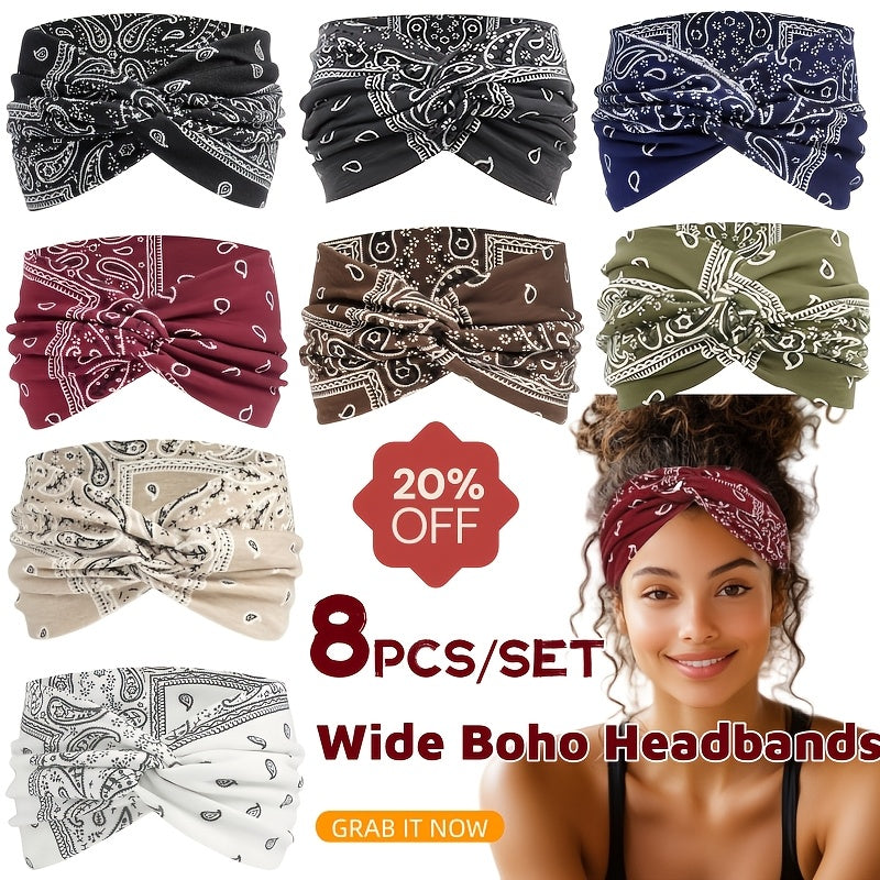 8pcs Paisley Yoga Wide Headbands, Elastic Sweat Wicking Sports Head Bands, Vintage African Turban Headband, Anti Slip, Soft Fabric, Comfy Fashion Hair Masks for Yoga, Skincare, Outdoor Occasions, Women's Daily Headwear & Hair Accessories Gifts