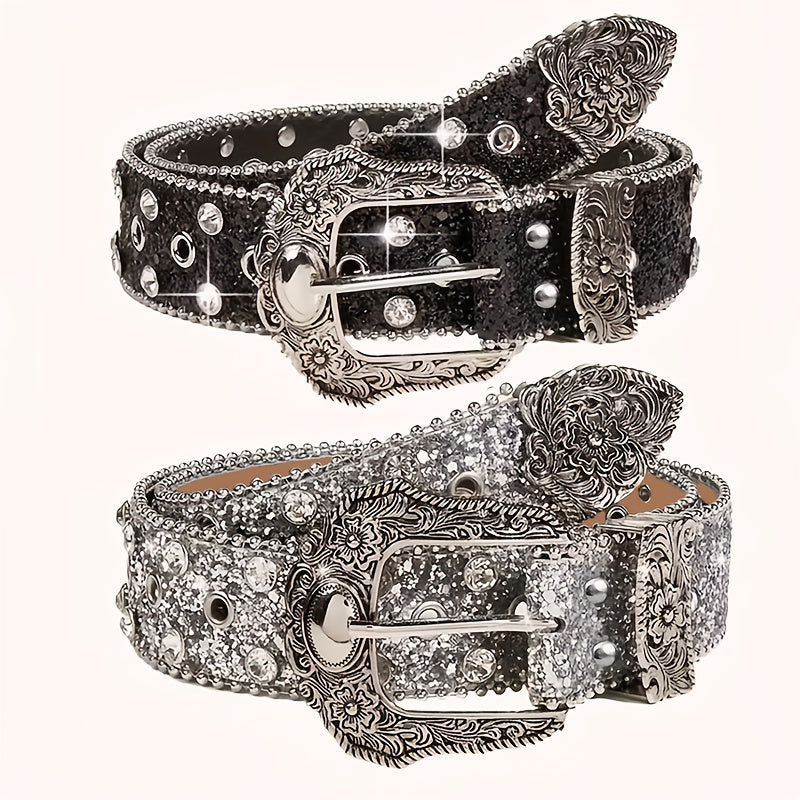 Luxurious Sparkly Sequin Belt | Black Silvery Western Punk Style Rhinestone-Embellished Belt with Rivet Decorations, Exquisitely Carved Silvery Buckle & Adjustable Holes | Daily Fashion Metal Accent for Halloween, Summer, School, Autumn, Halloween