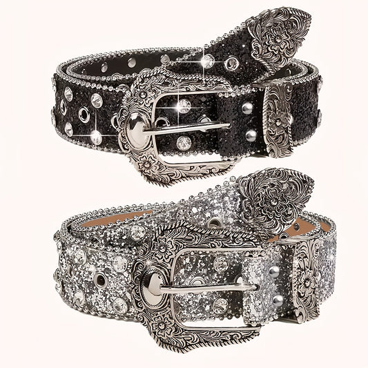 Luxurious Sparkly Sequin Belt | Black Silvery Western Punk Style Rhinestone-Embellished Belt with Rivet Decorations, Exquisitely Carved Silvery Buckle & Adjustable Holes | Daily Fashion Metal Accent for Halloween, Summer, School, Autumn, Halloween