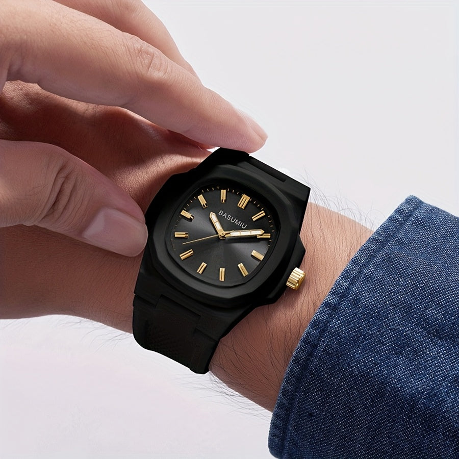 Silicone Band Watch for Men - Casual Minimalist Oval Dial Quartz Wristwatch, Zinc Alloy Case, Lightweight Sport Everyday Watch Gift in Black Gold, Black White, Black Silver