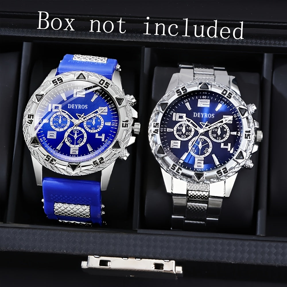Men's Quartz Watch Set of 2 | Stainless Steel Case, Silicone Strap, Business Casual Wristwatch Gift Set for Men – Multiple Style Combinations Available