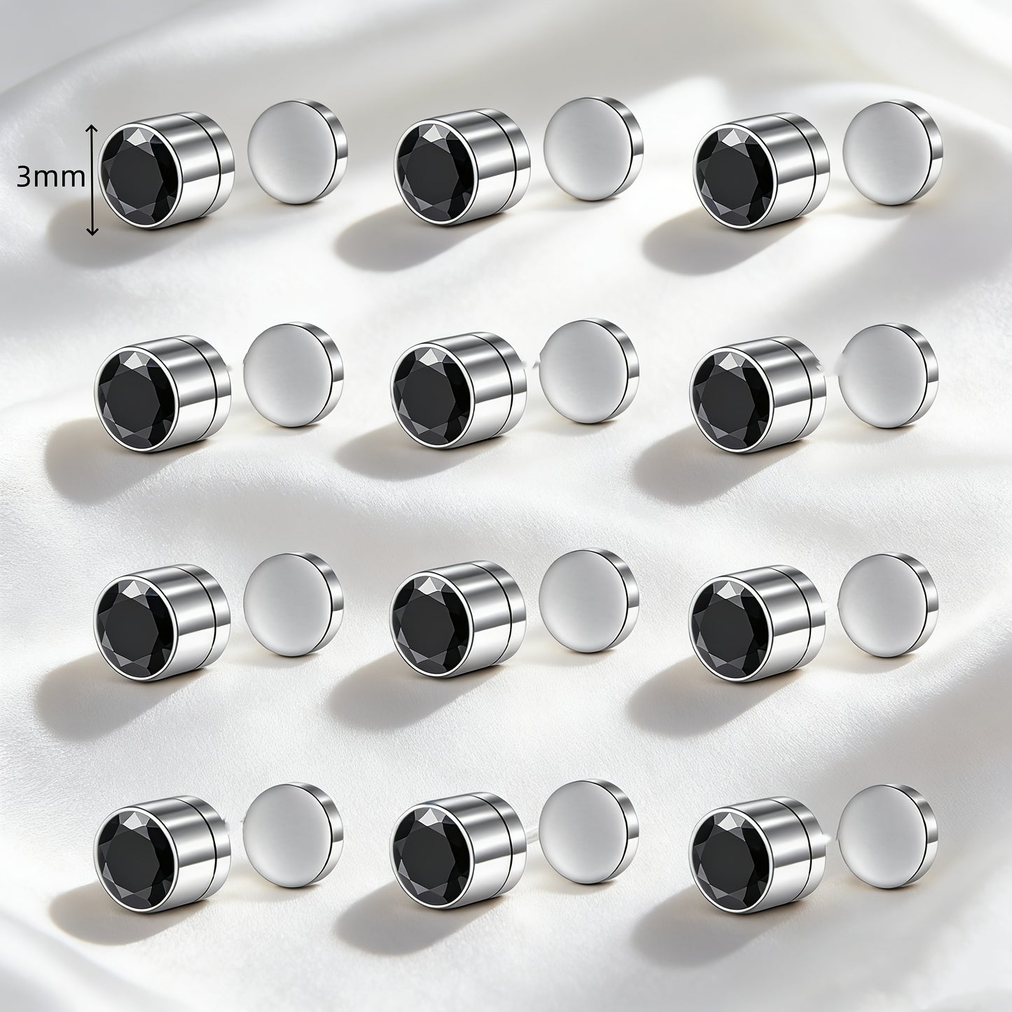 Magnetic Stud Earrings for Men Multi-Pack - Round Square Embellished Non-Piercing Ear Studs, Silver & Black Tone, 8/9/12/14pcs Set, No Piercing Needed, Unisex Fashion Jewelry Gift