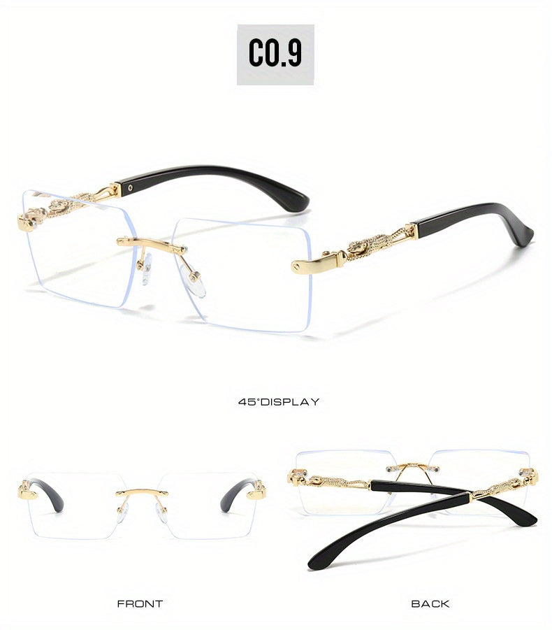 Unisex Luxury Frameless Black And Golden Sunglasses with Leopard-Decorated Arms - UV400 - Narrow Rectangular Lens - Includes Protective Case And Cleaning Cloth - High-End Gift for Men And Women - Stylish Eyewear for Driving, Travel, And Parties