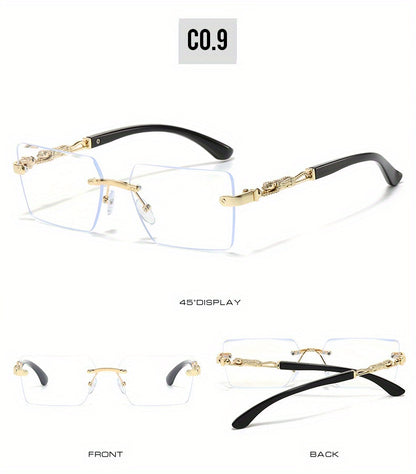Luxury Frameless Sunglasses Gold Frame Leopard Arms UV400 – Narrow Rectangular Lens Rimless Eyewear for Men Women, Driving Travel Party, 5 Lens Options, Includes Case & Cloth