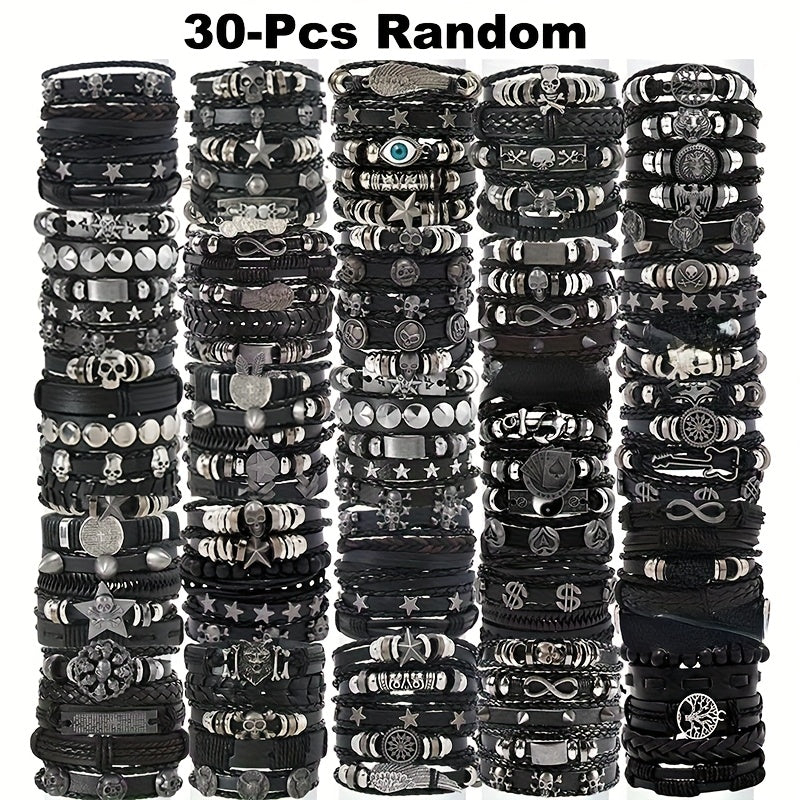 Punk Hip Hop Bracelet Set 10/20/30Pcs – Stainless Steel Multi-Layer Black Bracelets with Skull Cross Star Infinity Symbols, Vintage Stackable Jewelry Gift for Teens Halloween Graduation