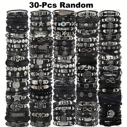 Punk Hip Hop Bracelet Set 10/20/30Pcs – Stainless Steel Multi-Layer Black Bracelets with Skull Cross Star Infinity Symbols, Vintage Stackable Jewelry Gift for Teens Halloween Graduation