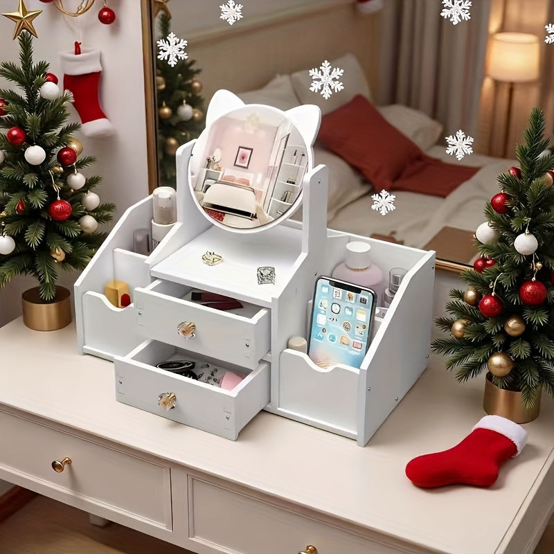 Jewelry Box with Cat Ear Mirror Large Dressing Table Organizer for Bedroom Home Storage Cute Aesthetic Jewelry Organizer Birthday Christmas Gift for Her
