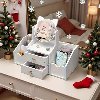 Jewelry Box with Cat Ear Mirror Large Dressing Table Organizer for Bedroom Home Storage Cute Aesthetic Jewelry Organizer Birthday Christmas Gift for Her