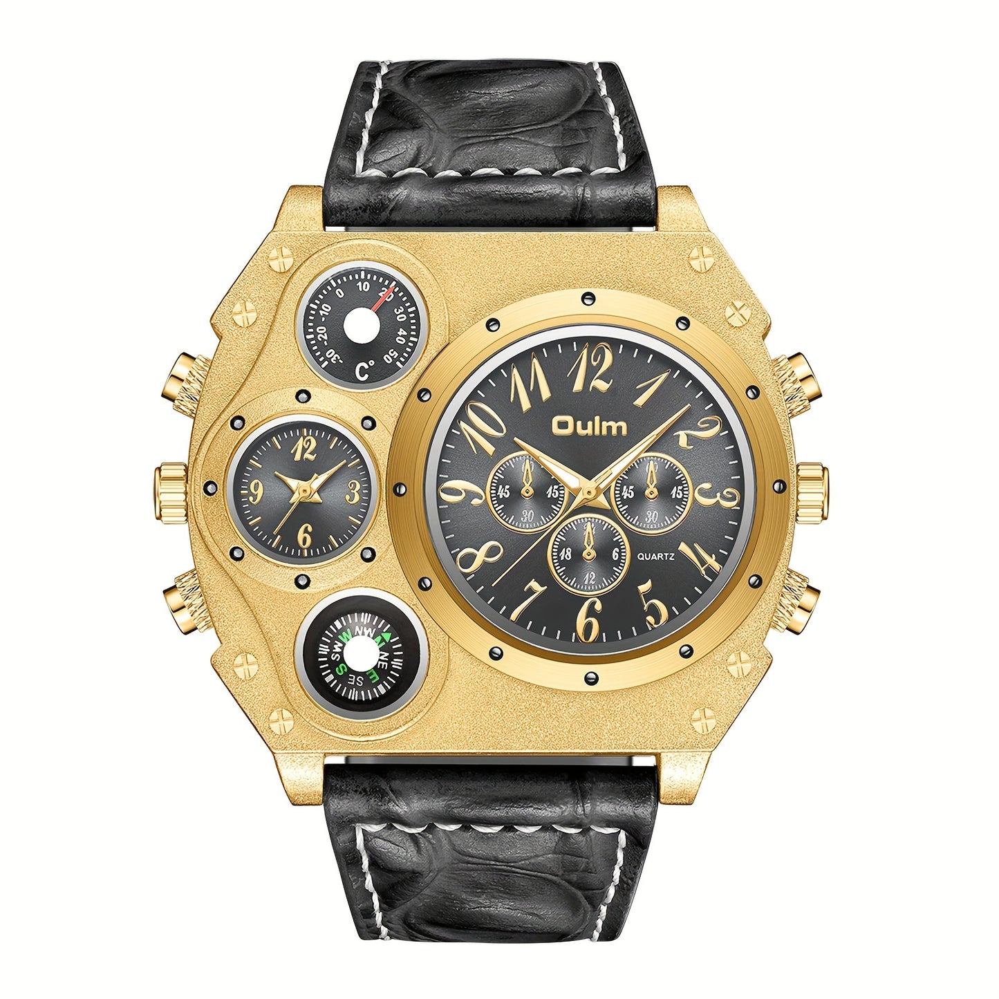 Men's Dual Time Zone Quartz Watch – Large Dial Luminous Faux Leather Wristwatch, Casual Sport Business Style, Cool Gift for Him